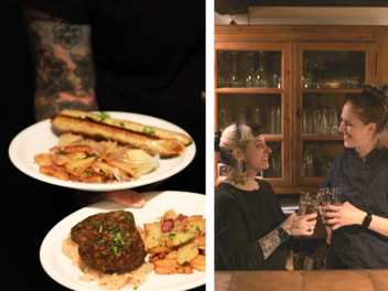 Camille (rechts) und Sonja (links) sind die Besitzerinnen der Weinstube Eulenspiegel in Speyer und bieten vegan Pfälzer Köstlichkeiten an.