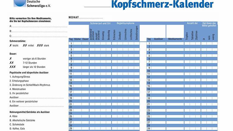 Kopfschmerzen kennt jeder: Etwa 70 Prozent der Deutschen leiden gelegentlich darunter, zehn Prozent wöchentlich. Die häufigsten Arten sind Spannungskopfschmerz und Migräne. Wer seine Schmerzen in einem Kalender oder Tagebuch dokumentiert, kann seinem Arzt gegenüber genauere Angaben zu Häufigkeit und Dauer des Schmerzes machen. Grafik: Deutsche Schmerzliga