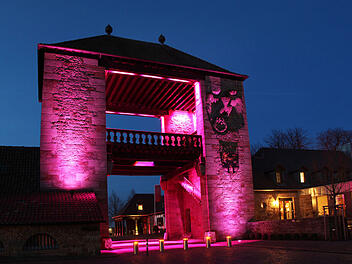 Das Deutsche Weintor, pink angestrahlt zur Pfälzer Mandelblüte bildet einen Endpunkt der Deutschen Weinstraße.