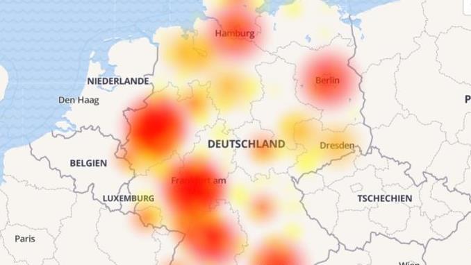 Die Störungskarte zeigt die Ausfälle bei O2. Screenshot: allestoerung.de