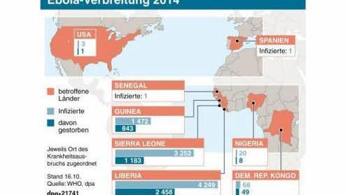 Karte mit Zahl der Ebola-Infektionen und Toten nach Ländern. Grafik: C. Bollinger, Redaktion: K. Pepping