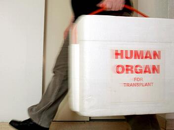 Eine Mitarbeiterin der Deutschen Stiftung für Organtransplantation in Neu Isenburg (Kreis Offenbach) trägt eine spezielle Kühlbox für Spenderorgane.  Foto: dpa-Archiv