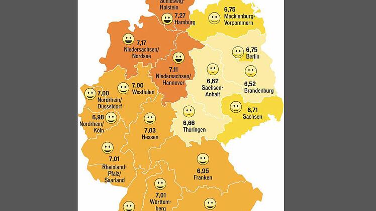 So bewerten die Menschen ihre subjektive Lebenszufriedenheit Skala: 0 (sehr unzufrieden) bis 10 (sehr zufrieden) Foto/Quelle/Grafik: dpa